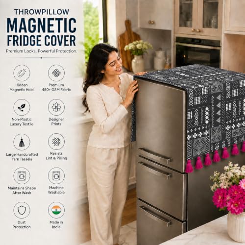 Image of WWW.THROWPILLOW.IN Four Door Fridge Cover 400+L |450 GSM Durable Fridge Top Cover with Tassels|Dustproof Refrigerator Cover in Black Tribal Print |