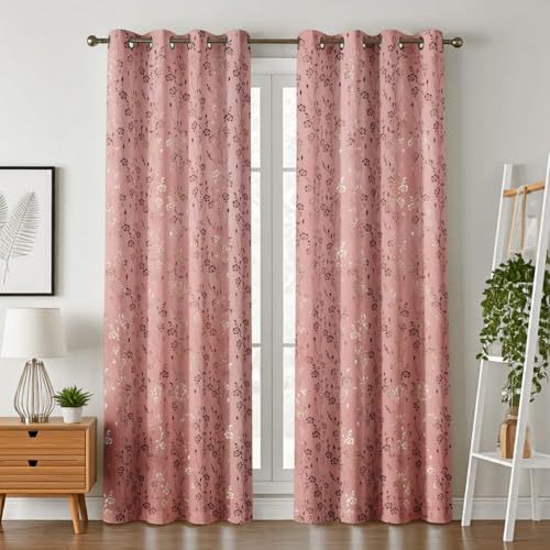 Image of Velvet Golden Foil Flower Pattern Curtains 5 Feet Long Pack of 1, Pink
