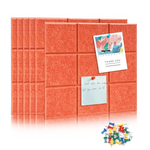Paquete de 6 azulejos de fieltro de corcho de 12 x 12 pulgadas con 30 chinchetas, tablero de fieltro para decoración del hogar, cocina, oficina, azulejos de corcho autoadhesivos para paredes, tablero