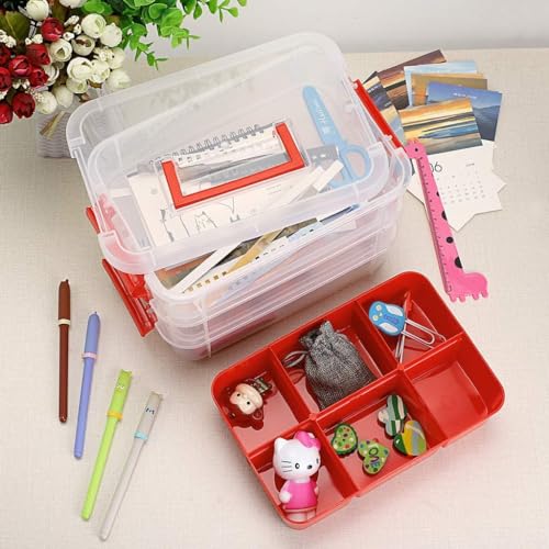 Image of plastic boxes for Storage transparent boxes, Portable & Stackable Space Saving Organiser with Lid for, Jewelry, Arts & Crafts, Buttons, Beads (Red, 2 TIER WITH 1 TRAY)