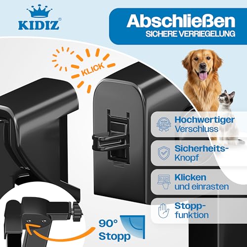 KIDIZ Treppenschutzgitter ohne Bohren | Verstellbare Breite: 74-80 cm, 75 cm hoch, Türschutzgitter und Absperrgitter für Kinder und Hunde, Beidseitige Einhand Öffnung, 90° Open-Stop System, Schwarz