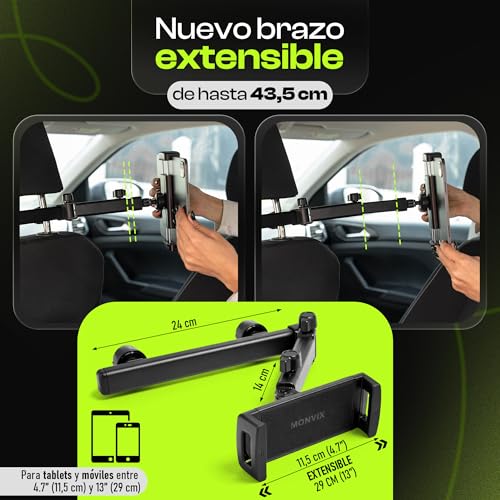Soporte tablet coche MONVIX con brazo extensible robusto y materiales premium 4