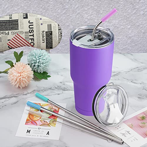 30 Oz Tumbler With Lids And Straws,Stainless Steel Vacuum Insulated Coffee Tumbler,Powder Coated Insulated Travel Mug With Leak-Proof Straw Lid & Flip Lid,3 Metal Straws,1 Cleaning Brush(Deep Purple) #TOP1