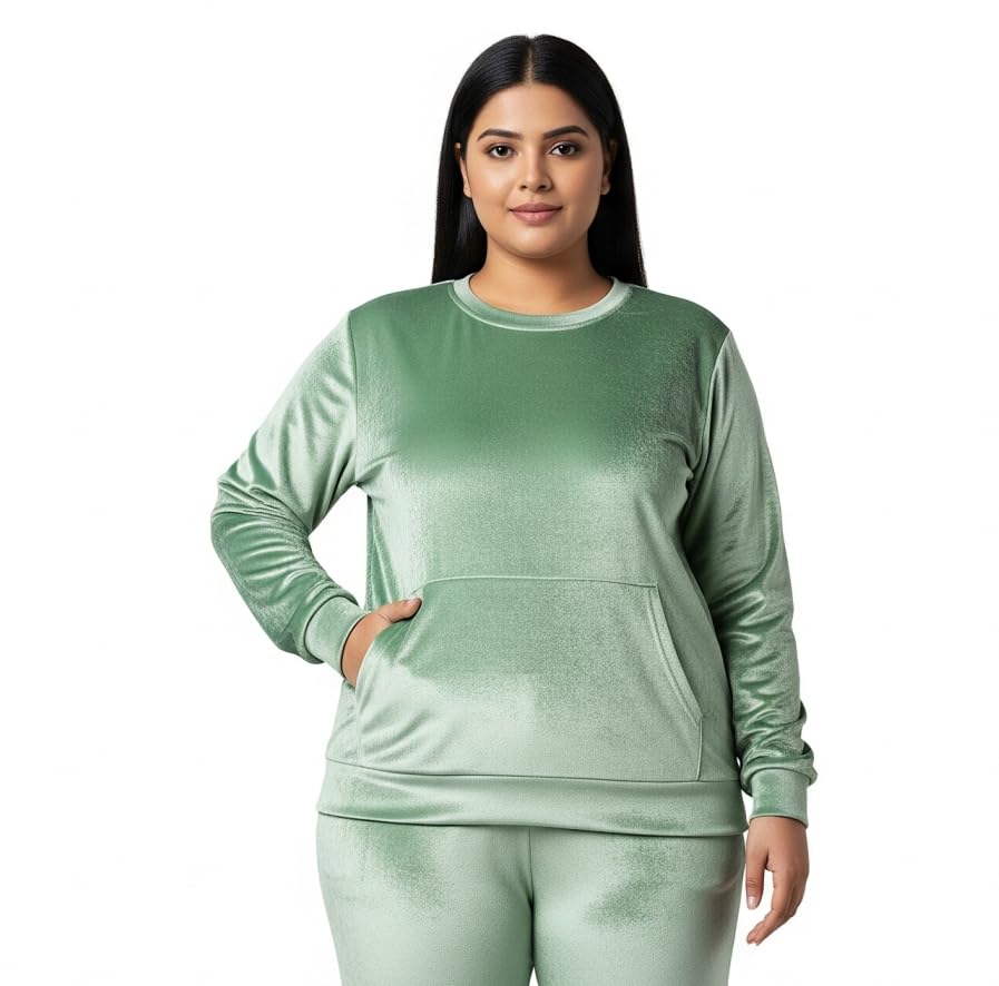 Women Velvet Sweatshirt Round Neck Full Sleeve Kangaroo Pocket Soft Cozy Winter Pullover Warm Casual Top Comfortable Stylish-image-36