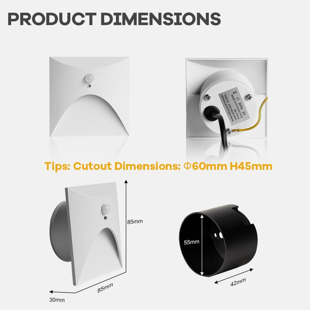 FVTLED 4 Pack Motion Sensor LED Step Lights, 3W AC 85-265V Stair Lights Indoor Outdoor, 3000K Warm White, Arc Design, IP44 Waterproof Staircase Lighting-White Shell
