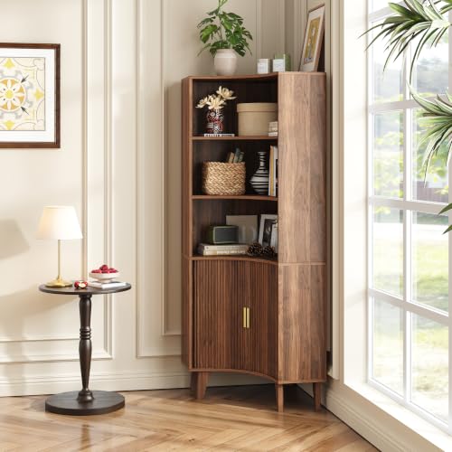 Image of Tall Corner Cabinet with Fluted Doors, 5-Tier Coffee Bar Cabinet