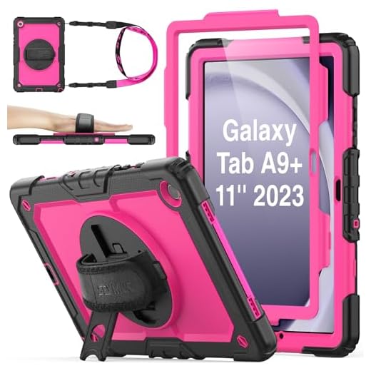 SEYMAC stock Capa à prova de choque com alça de mão de 360° para Samsung Galaxy Tab A9 Plus 11 polegadas, rosa + preto