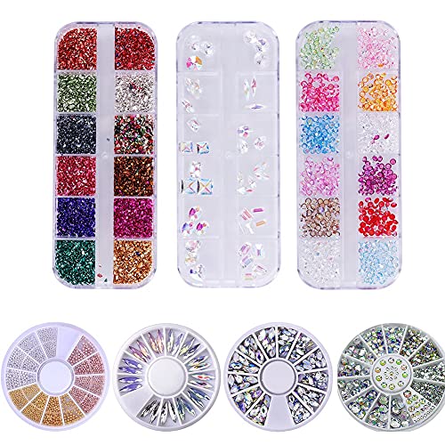 Ownsig 7 Boxes Mixed Nail Art Rhinestones Set, 3D Colorful Glitter Gravel Crystal Gem Steel Beads Nail Charms Decorations