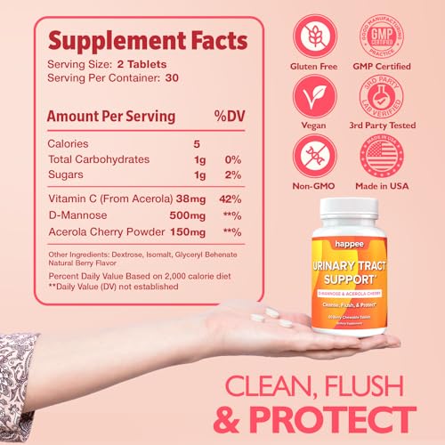 D-Mannose Urinary Tract Health Supplement for Women Men - Supports UTI Prevention & Bladder Relief - 500mg D Mannose with Antioxidants - Cleanse Flush & Protects - 60 Berry Flavored Chewable Tablets