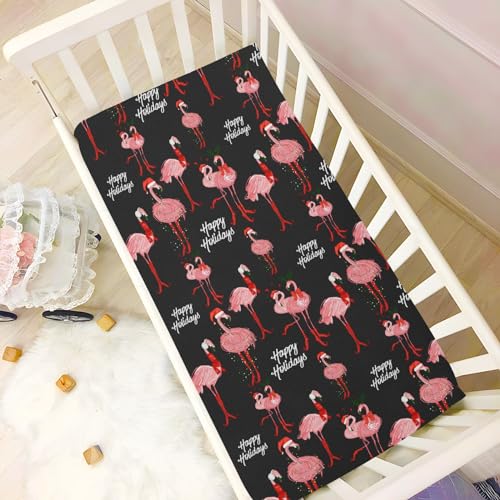 Image of Tropical Flamingo Christmas Crib Sheets Soft Breathable Fitted Baby Playard Sheets Mattress Cover for Girl Boys, 39 inch x 27 inch x 5 inch