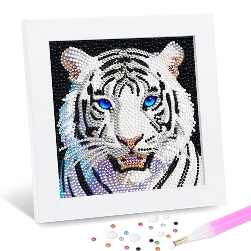 Leixonl Diamond Art Kits for Kids with Framed (7 in) Cartoon Animals DIY Gem Art Painting - Arts & Crafts Gifts for Beginners & Teens (1p-6in Tiger -W)