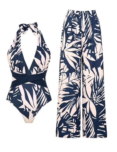 FLAXMAKER Women's One Piece V-Neck Adjustable Halter Leaf Print Bathing Suit Swimsuit and Skirt/Pants