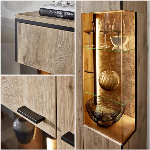 Lomadox Wohnwand TV-Wand inkl. Beleuchtung braun 4-teilig Modern, 1 Vitrine, 1 Highboard, 1 Wandboard, 1 Lowboard – Bild 3