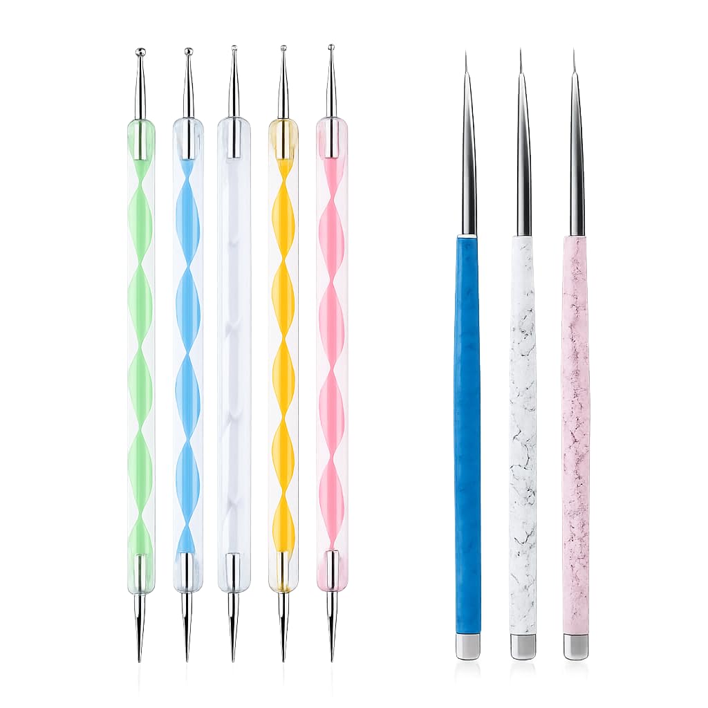 5 Dual-Ended Nail Dotting Pens & 3 Fine Liner Nail Art Brushes Set for DIY Nail Art, UV Gel, Acrylic, Press On & Natural Nails, Professional Painting & Design Tools-image-5