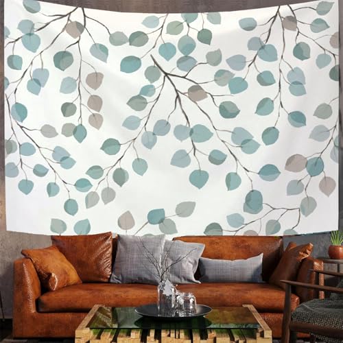 GSAEIMCT Tapiz Azul Grisáceo Ramas Y Hojas Acuarela Botánica Tapices Extra Grandes Para Hogar Oficina Dormitorio Decoración Interior Y Exterior, 230 X 150 Cm