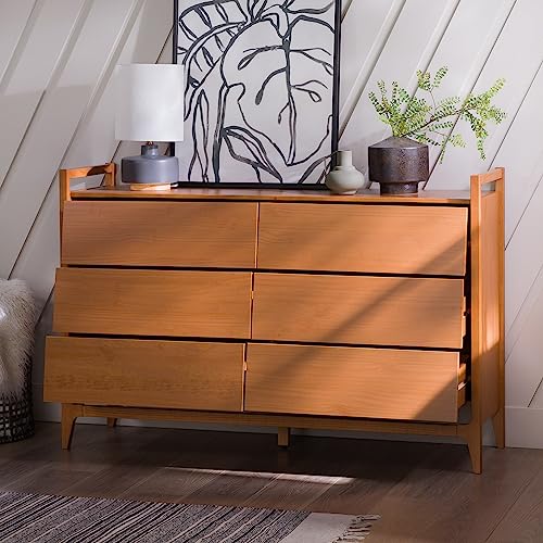 Walker Edison Hera Modern Solid Pine Wood Six-Drawer Dresser With Angled Front, 57 Inch, Caramel #TOP1