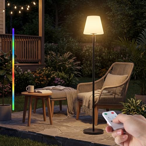Dansny Outdoor Floor Lamp Solar/USB Charging Waterproof Cordless Rechargeable Patio Lamp with Light Sensor Dimmable Warm White+RGB LED Ambient Light for Yard Garden