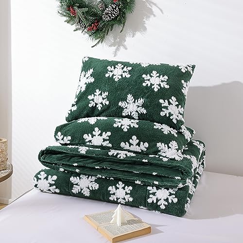 JANZAA Christmas Bedding Queen Comforter Set Emerald Comforter with White Snowflake Stereoscopic 3 Pieces Queen Bedding Set Fluffy Comforter