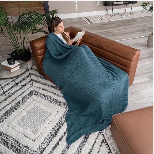 Image of Comfy Cubs Muslin Throw Blanket - 50 inch x 60 inch Quilted Design - Lightweight, Breathable 6-Layer Gauze Fabric - Soft Cotton Blanket for Home or Travel - Packaged in Elegant Gift Box - Neptune