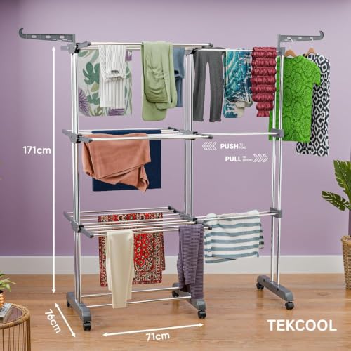 Image of TEKCOOL Expandable Clothes Drying Stand for Home|Cloth Dryer Stand with Wheel|Cloth Stand for Drying Clothes Foldable|Stainless Steel Clothes Hanging Stand|Cloth Rack for Balcony(3 Layer, Grey);;