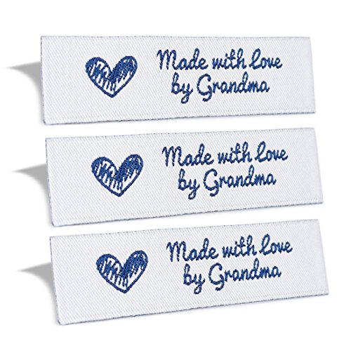 Wunderlabel Made with Love by Grandma Crafting Fashion Granny Grandmother Woven Ribbon Tag Clothing Sewing Clothes Garment Fabric Material Embroidered Label Labels Tags, Blue on White, 100 Labels