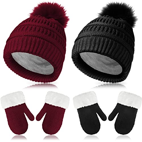 2 Sets Toddler Hats and Gloves Fleece Lined Beanie Babies Girl Toddler Beanie Boy Hat with Winter Warm Mittens Thick