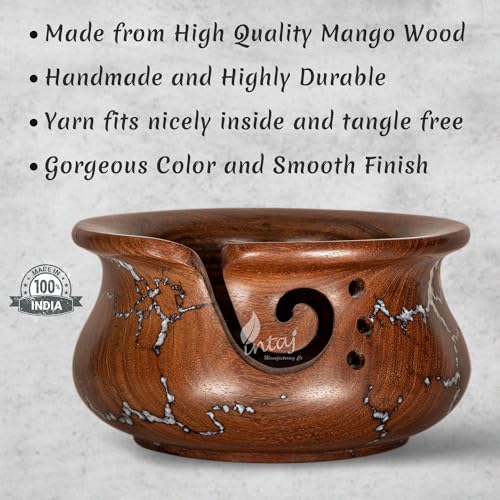 Image of INTAJ Wooden Yarn Bowl for Knitting and Crochet, 7 Inch No-Snag Holder