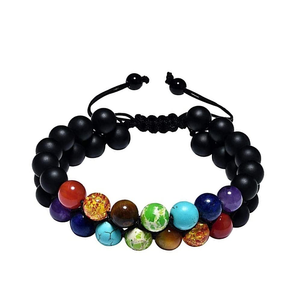 Bead Chakra Bracelet 7 Chakras Healing Crystals Bracelet Yoga Stone Beads Bracelets Meditation Relax Anxiety Bangle for Womens Mens (Black onyx)
