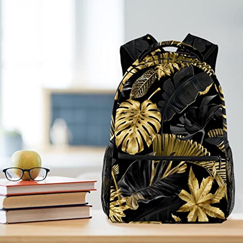 Sac à dos voyage noir et doré à motif tropical pour escapades de week-end et cours