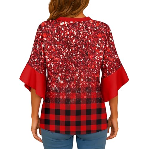 Womens Top 3/4 Sleeve Vintage Geometric V Neck Blouses Dressy Casual Trendy Ruffles Elegant Shirts Fall Clothes 20253