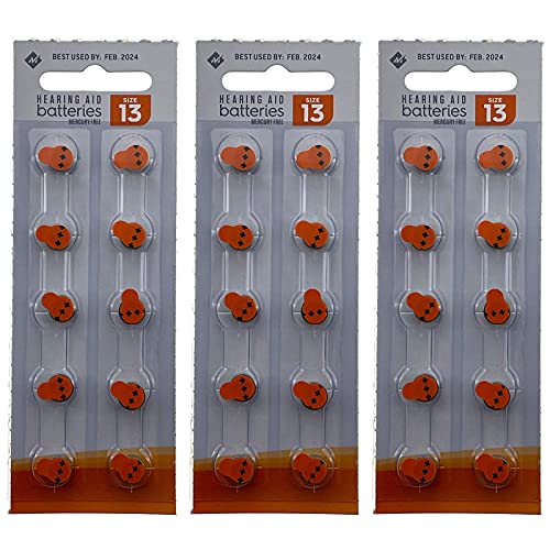 Exell Battery 3X 10pk 1.45V Size 13 Hearing Aid Battery Zero Mercury Long Tab Easy to Insert Replaces ME8Z, DA13X, ZA13, V13AT, PR48, DA13H, AC13, 7000ZD, PR48, AC13E, V13A, B26PA, DA13, 13HPX
