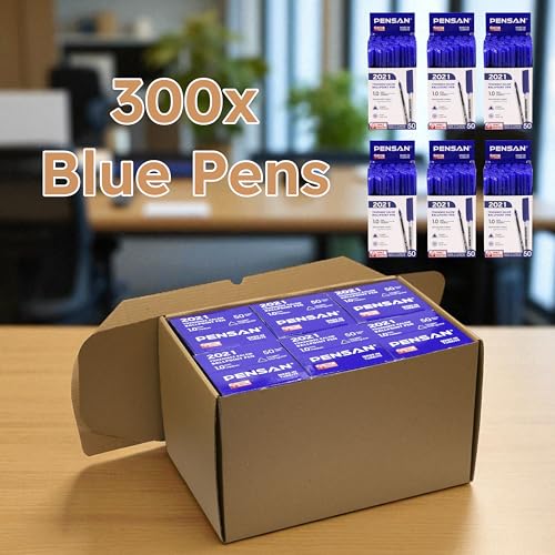 Image of PENSAN Blue Ballpoint Pens,1.0 mm Medium Point, Blue Pens, Ergonomic Triangle Grip, Smooth Writing, 300-Count Pack of Bulk Pens