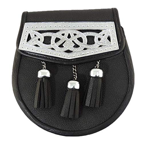 SZCO Supplies Black Leather Scottish Kilt Sporran Laced Trim with Embellishments2