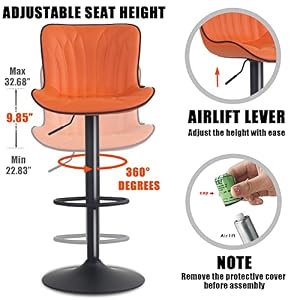 YOUNIKE Orange Bar Stools Set of 2 Faux Leather Upholstered Counter Height Barstools Swivel Modern Kitchen Bar Chairs with High Backs Adjustable Tall sillas para barra de cocina for Breakfast Island