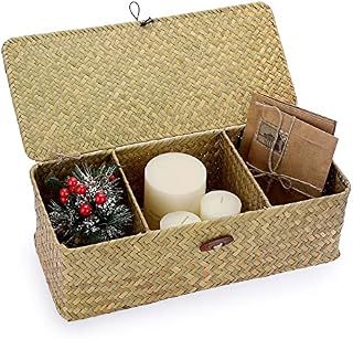 IGNPION Seagrass Storage Basket with Lid 3 Compartments Toilet Tank top Basket Woven Seagrass Desktop Basket Rectangular Organiser Box Shelves & Desks Decorative Basket (Natural Color)