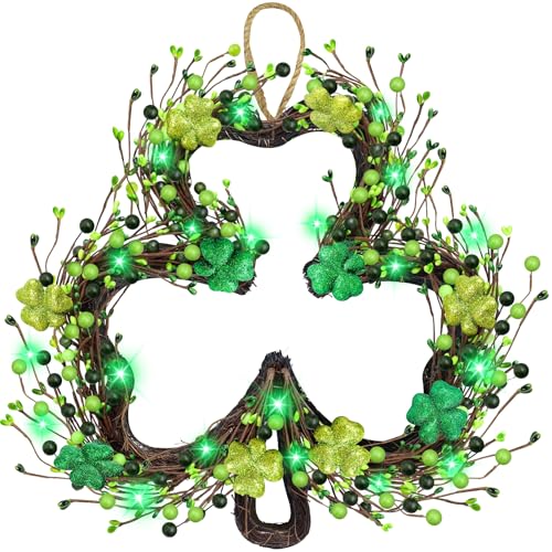 St Patricks Day Decorations Shamrocks Wreath for Front Door 20 Green Lights Timer Battery Operated 18 Inch 10 Shamrocks 162 Berries Battery Operated Spring Artificial Wreath St. Patricks Day Decor