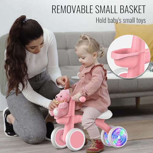 Image of Umatoll Colorful Lighting Baby Balance Bike Toys for 1 Year Old Girl Gifts, Adjustable Seat, First Birthday Gifts, 12-24 Months Toddler Bike, New Pink