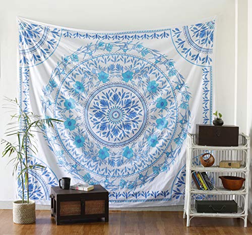 Blue Sketched Floral Medallion Tapestry - Mandala Wall Hanging - Hippie Bohemian Wall