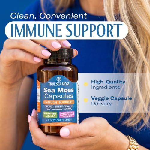 TrueSeaMoss Sea Moss Capsules – Immune Support – Sea Moss, Vitamin C, D3, Elderberry, Zinc, Turmeric, Astragalus – 180 Capsules (90 Servings) — view 6