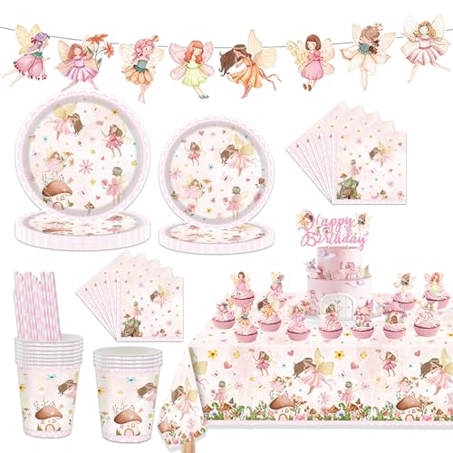 Ensemble de vaisselle de fête de fée pour fille - Avec assiettes en carton, gobelets en carton, serviettes, guirlande et décoration de gâteau pour...