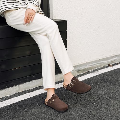 Image of Suede Clogs for Men Soft Cork Footbed Women's Clogs Mules with Arch Support, Adjustable Buckle Comfort Leather Potato Shoes, Slip-On Closed Toe Slippers
