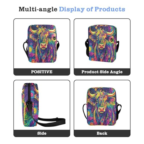 messenger bag for women crossbody mens shoulder bag Womens Casual Purses Adjustable Strap for outdoor sports outdoor sports- Highland Cow Colorful Psychedelic4