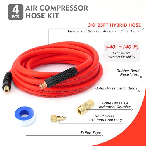 Red Hybrid Air Compressor Hose 3/8" x 25', Kink Resistant, 1/4" Quick Coupler Kit