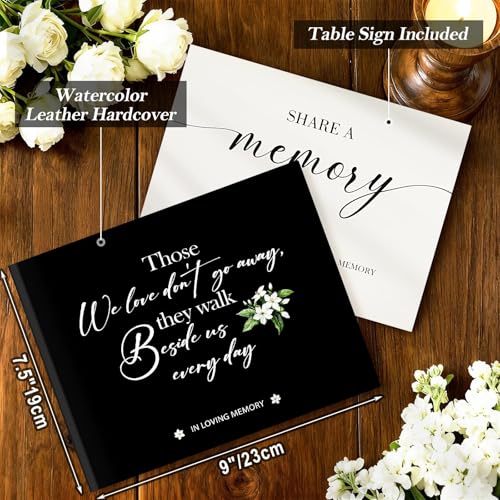 Image of Lanpn Funeral Guest Book for Memorial Service, 100 Pages in Loving Memory Sign in Books for Guests with Memorial Table Sign, Leather Cover Funeral Favors Registry Book, Black