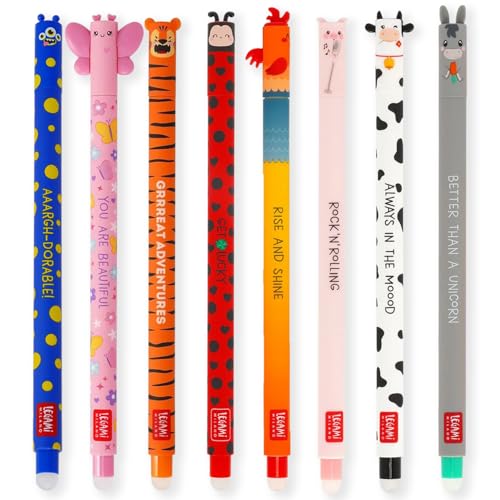 LEGAMI Set mit 8 radierbaren Gelstiften mit thermoempfindlicher Radiertinte verschiedene Tintenfarben und Schaftdesigns 0 7 mm Spitze Marienkäfer Monster Tiger Schmetterling und
