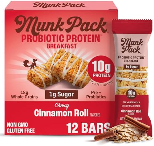 Munk Pack Cinnamon Roll Probiotic Protein Bars | 10g Plant Protein, 1g Sugar, 6g Fiber | Diabetic-Friendly Ideal Breakfast Bars - On-the-Go Snacks, Gluten-Free, Non-GMO | 12 Count