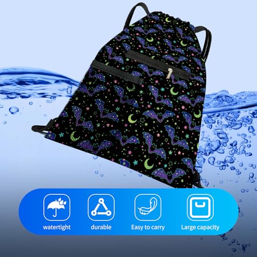Drawstring Backpack Sports Gym Bag, Large String Swim Bag for Beach With Water Bottle Mesh Pocket, Cute Gym Sack with Zipper Pocket for Men Women Cute Black Bats3