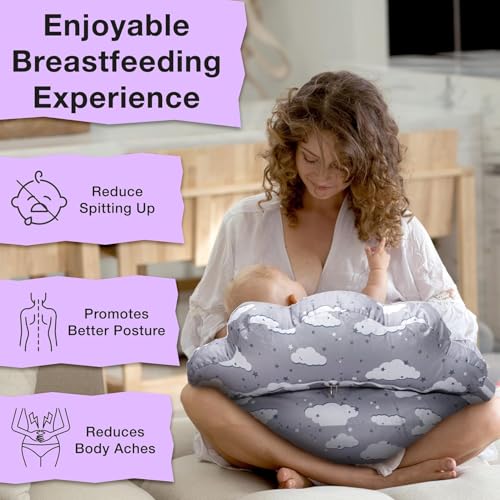 Image of Proliva Feeding Pillow for New Born Baby with Detachable Cover Breast Feeding & Maternity Nursing Pillow for Breastfeeding Support for Baby Feeding Pillow for Mom (Grey-Rain-A2)