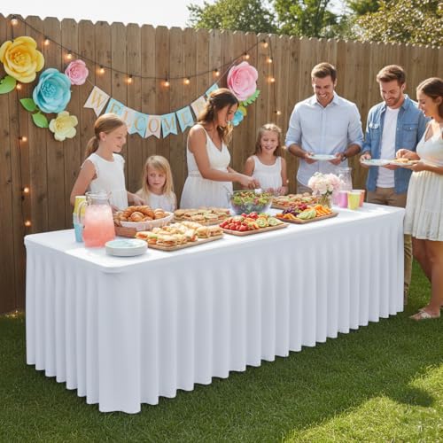 Image of HolidayIdeas White 4ft Spandex Tablecloth 2 Pack Fitted Stretch Rectangluar Table Skirts 24x48 Inch, Wrinkle-Free Floor Length Polyester Table Cover for Weddings Parties Banquets Events