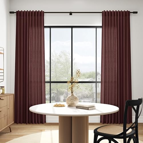 Image of Nanspring Reddish Brown Linen Blend Light Filtering Back Tab Curtains 108 Inches Long, Semi Sheer Privacy Drapes for Living Room & Bedroom, 52x108 inch, 2 Panels